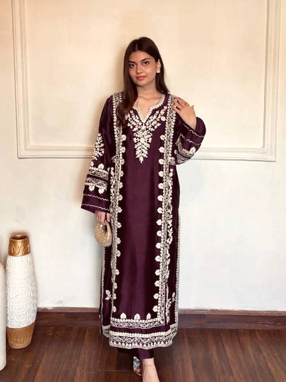 Navy Embroidered Kaftan Suit