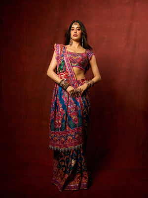 Blue Patola Print Chinon Saree with Mirror Work