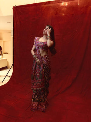 Blue Patola Print Chinon Saree with Mirror Work