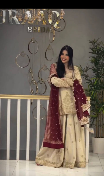 Ivory Chinon Kurta Skirt Set with Dupatta