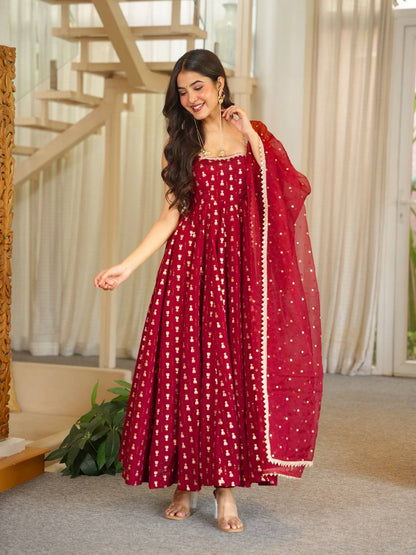 Maroon Jacquard Anarkali Suit with Dupatta