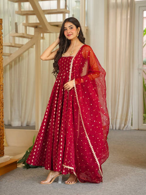 Maroon Jacquard Anarkali Suit with Dupatta