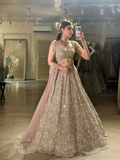 Blush Pink Net Lehenga with Zari Sequin Work