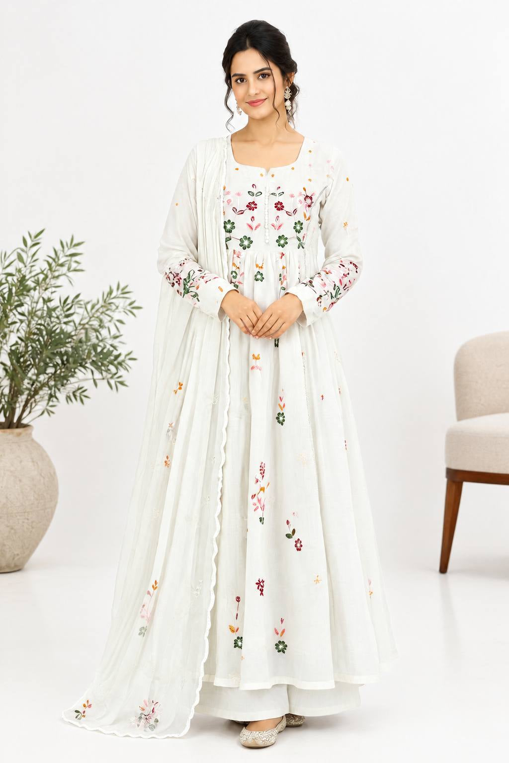 Mul Chanderi Embroidered Anarkali Set