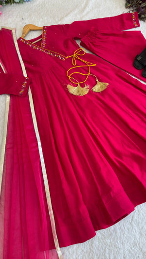 Pink Roman Silk Angrakha Anarkali Set