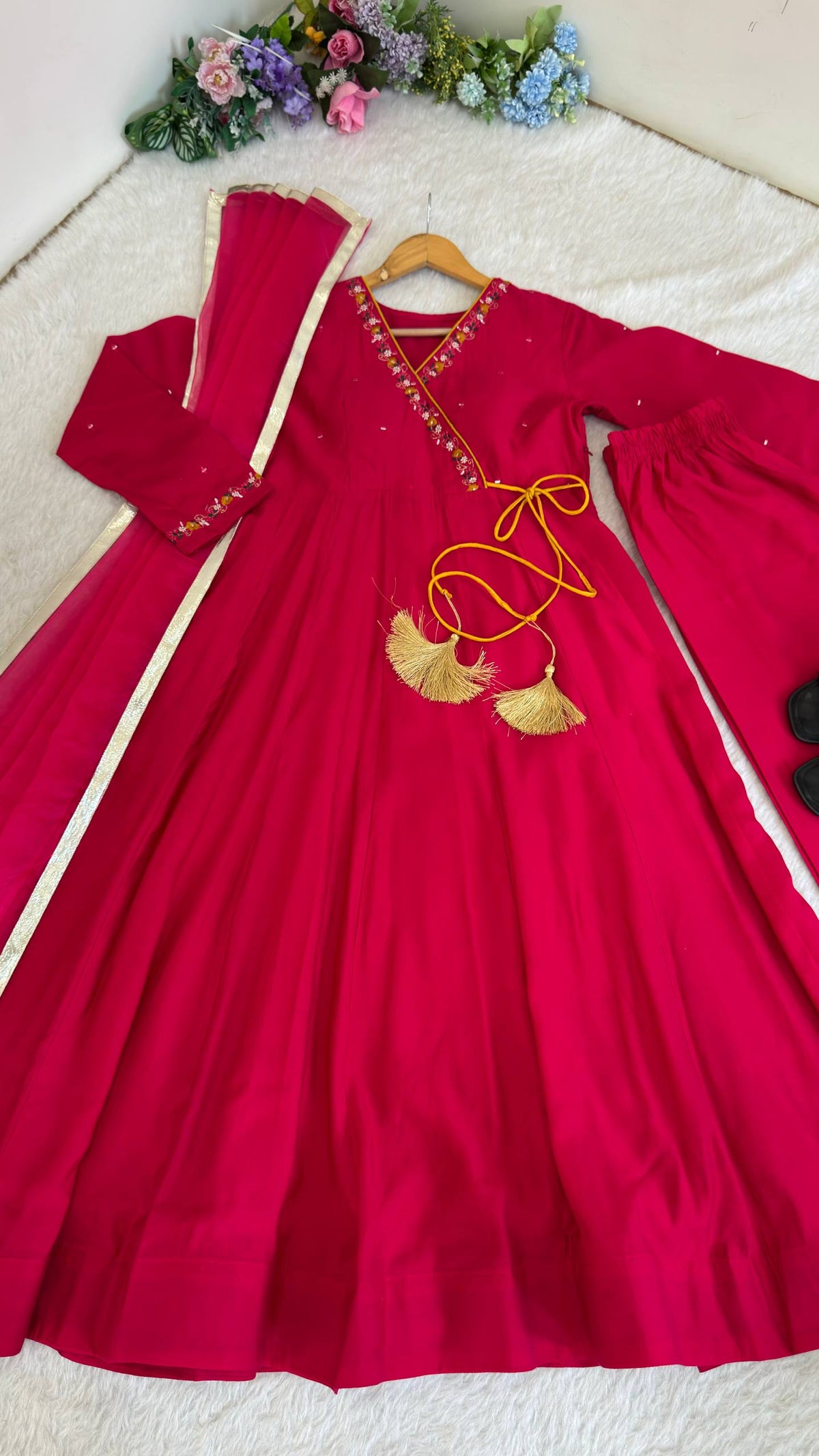 Pink Roman Silk Angrakha Anarkali Set