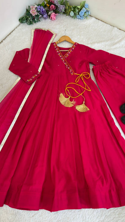 Pink Roman Silk Angrakha Anarkali Set