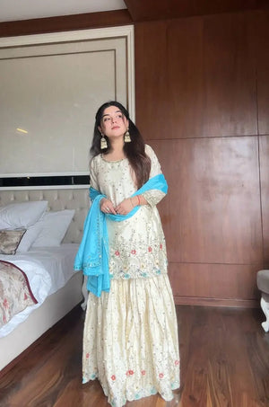 Chinon Embroidered Sharara Suit Set with Dupatta for Festive and Wedding Wear