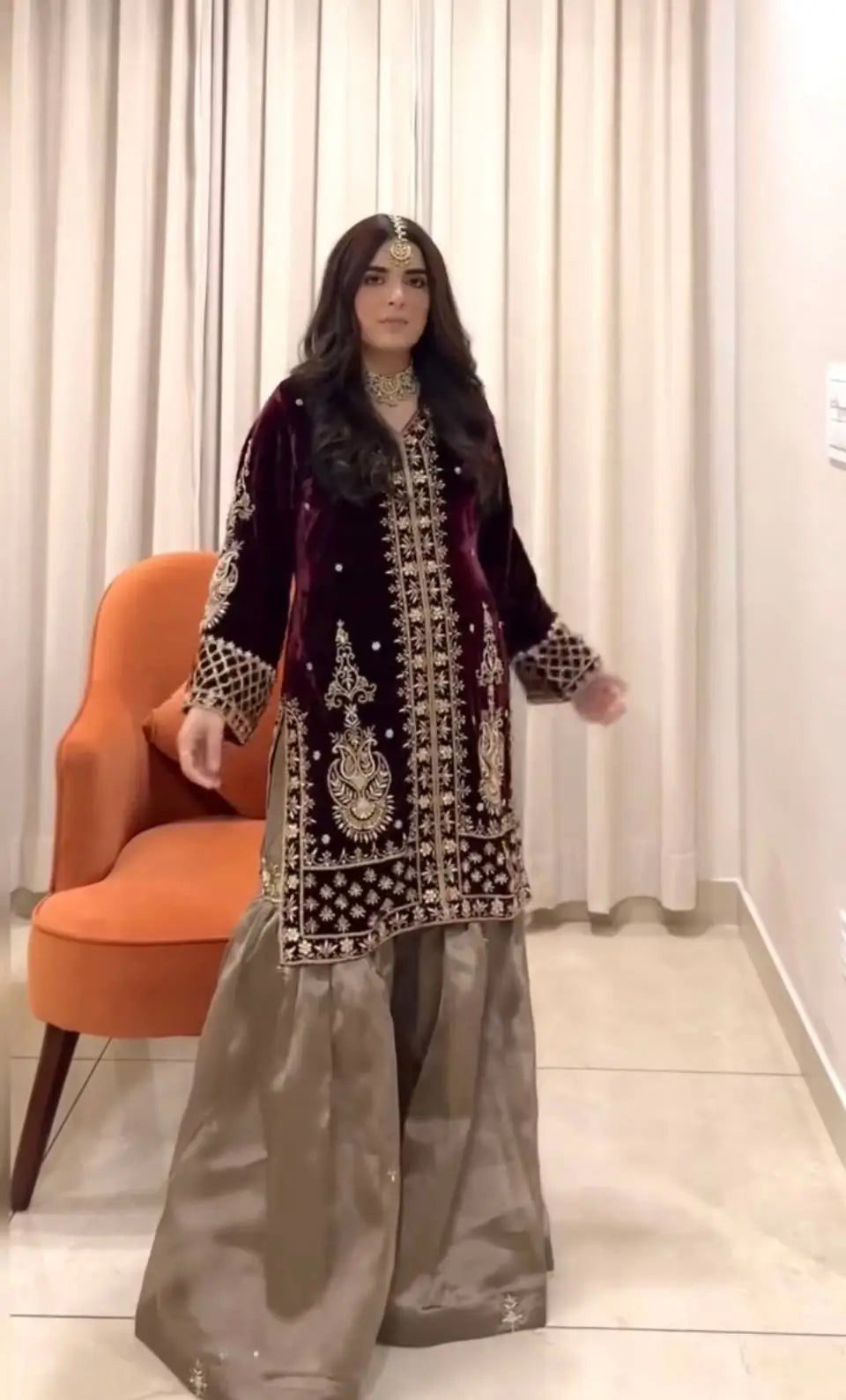 Embroidered Velvet Kurta Sharara Set