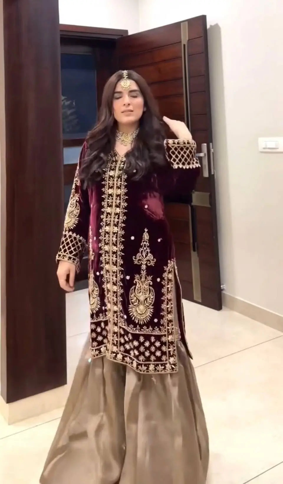 Embroidered Velvet Kurta Sharara Set