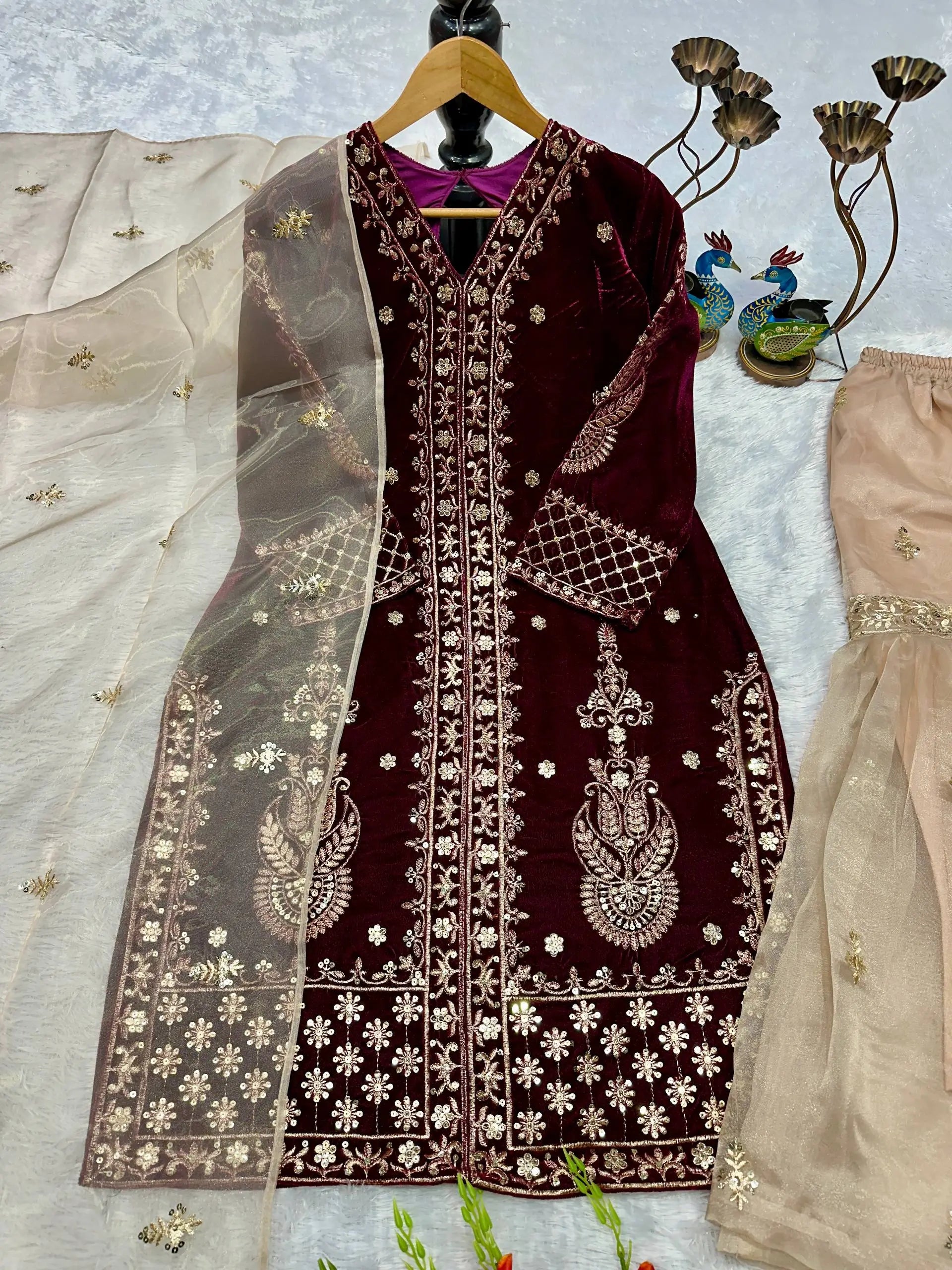 Embroidered Velvet Kurta Sharara Set