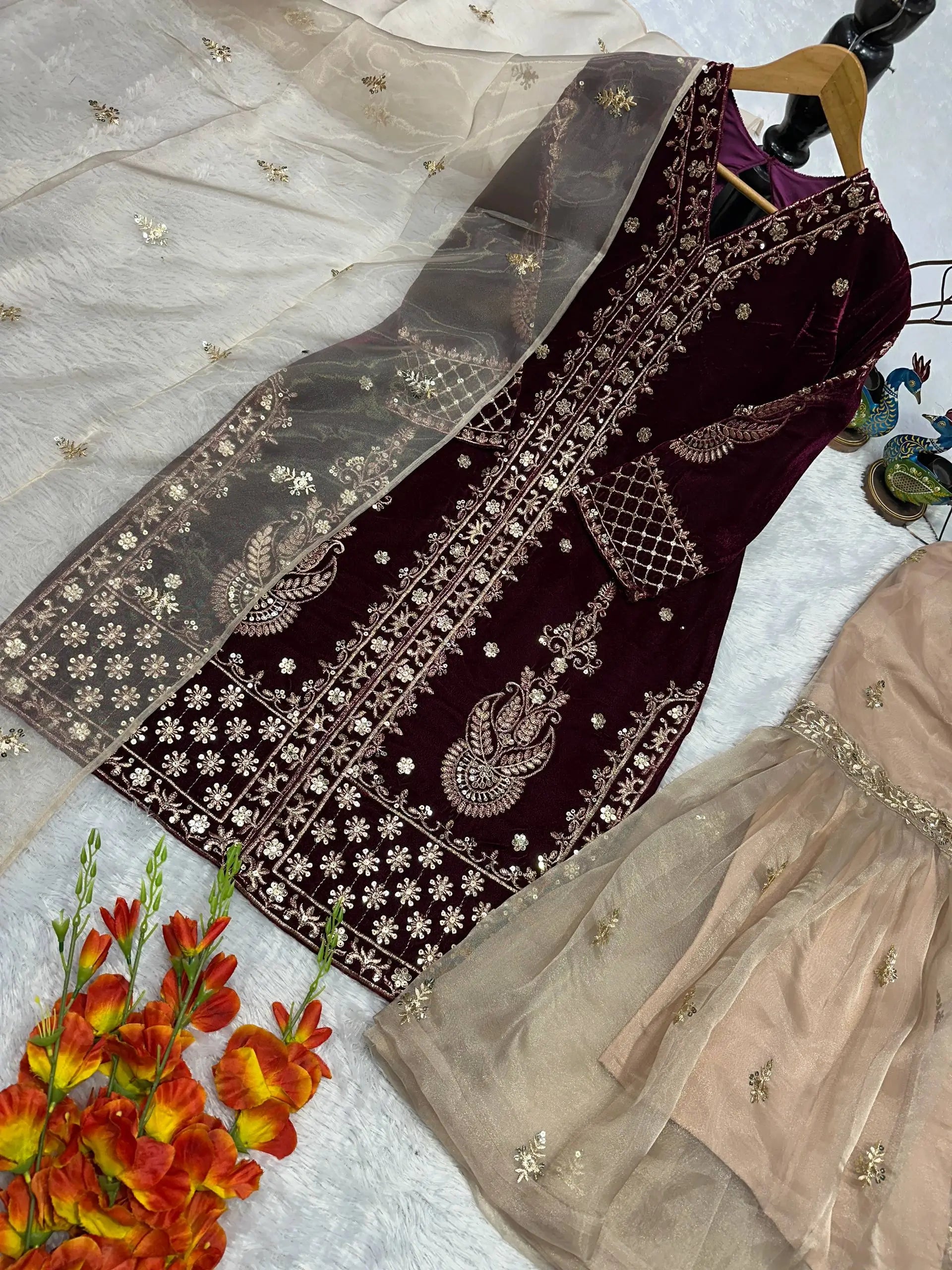 Embroidered Velvet Kurta Sharara Set