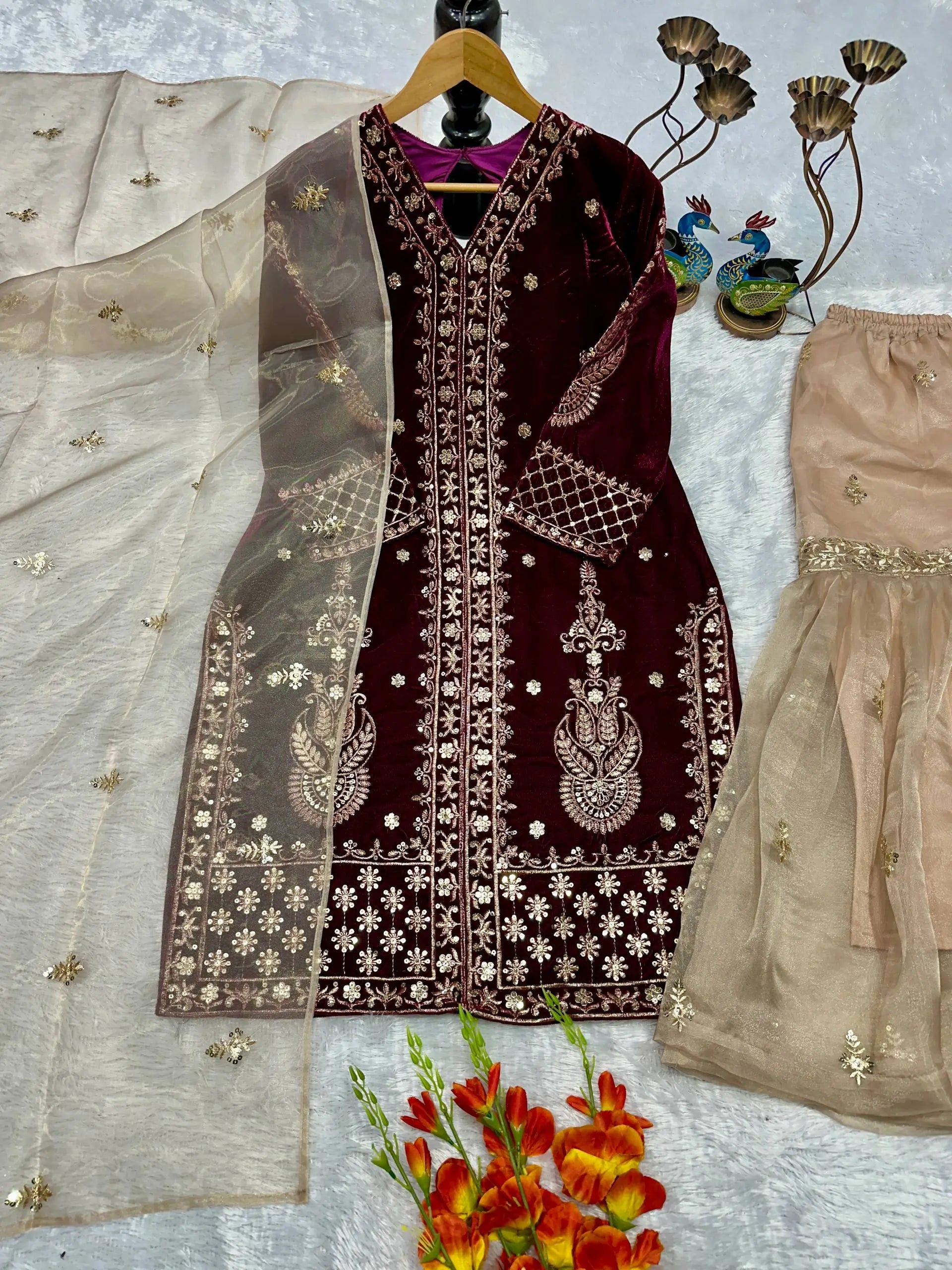 Embroidered Velvet Kurta Sharara Set