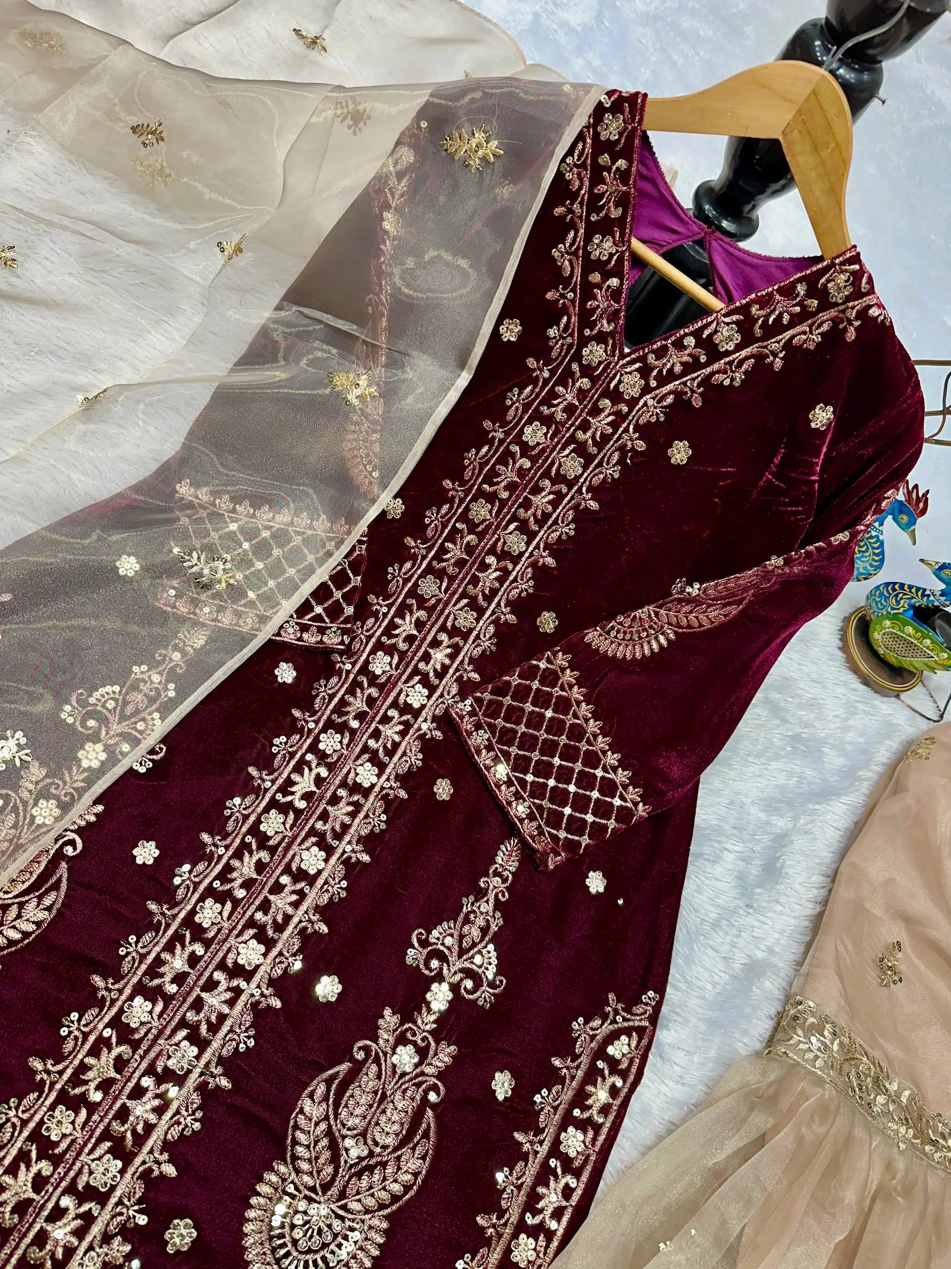 Embroidered Velvet Kurta Sharara Set