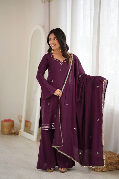 Wine Roman Silk Kurta Palazzo Set