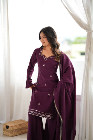 Wine Roman Silk Kurta Palazzo Set