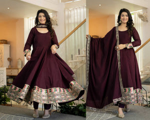 Wine Roman Silk Anarkali with Dupatta