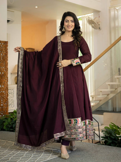 Wine Roman Silk Anarkali with Dupatta