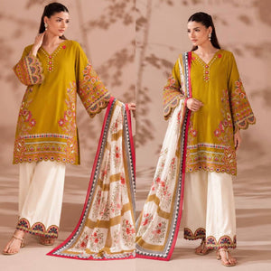 Mustard Embroidered Cotton Kurta Palazzo Set