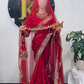Red Rangoli Silk Saree with Net Dupatta