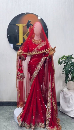 Red Rangoli Silk Saree with Net Dupatta