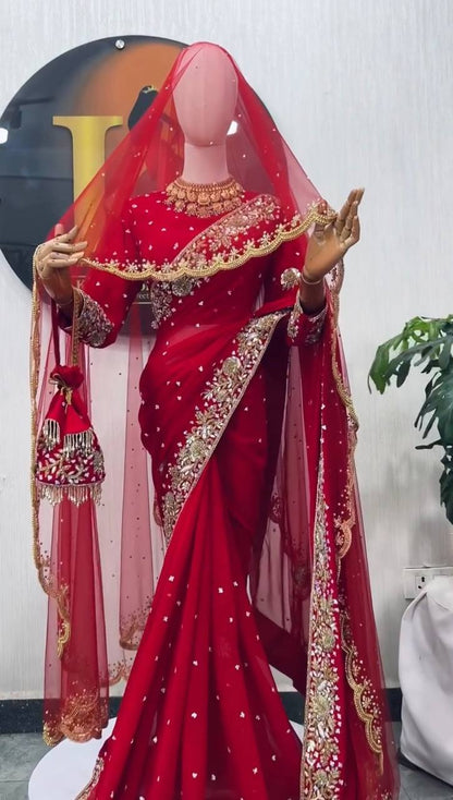 Red Rangoli Silk Saree with Net Dupatta