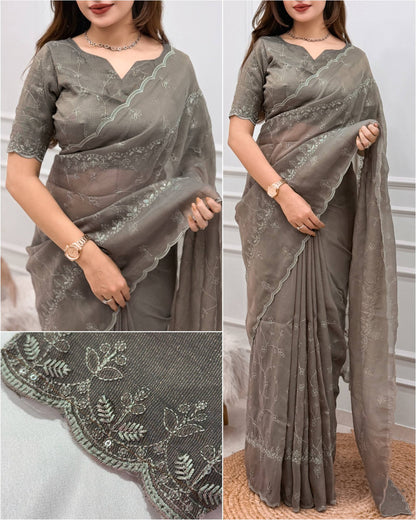 Tone-on-Tone Embroidered Zari Silk Saree