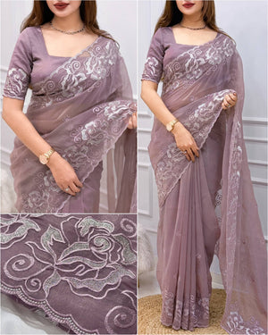 Rose Zari Embroidered Shimmer Silk Saree