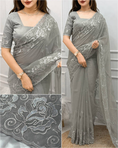 Rose Zari Embroidered Shimmer Silk Saree