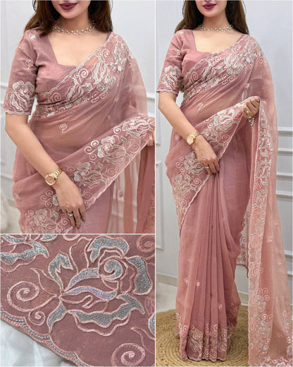 Rose Zari Embroidered Shimmer Silk Saree
