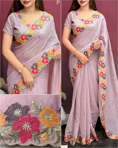 Floral Embroidered Pastel Chiffon Saree