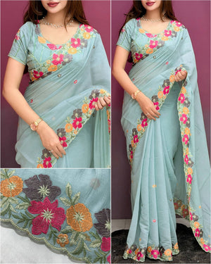 Floral Embroidered Pastel Chiffon Saree