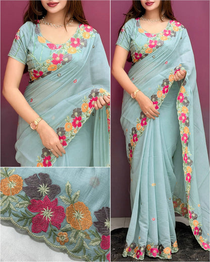 Floral Embroidered Pastel Chiffon Saree