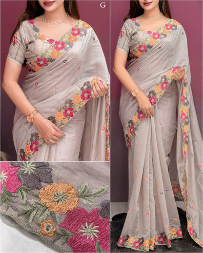 Floral Embroidered Pastel Chiffon Saree