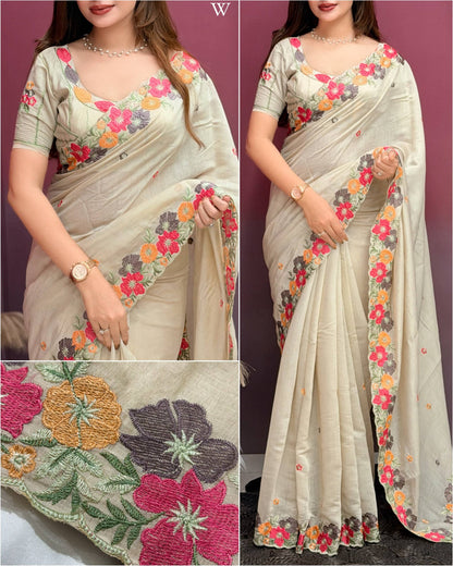 Floral Embroidered Pastel Chiffon Saree