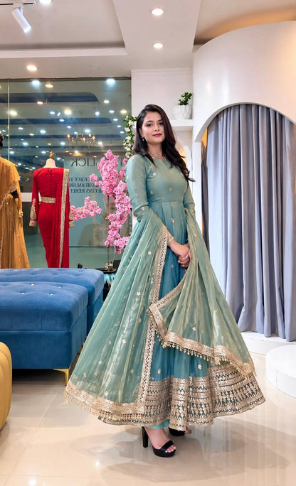 Teal Shimmer Silk Sequin Anarkali Set
