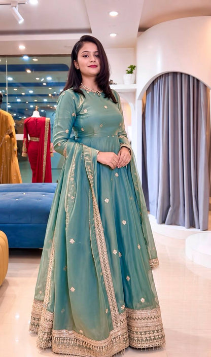 Teal Shimmer Silk Sequin Anarkali Set