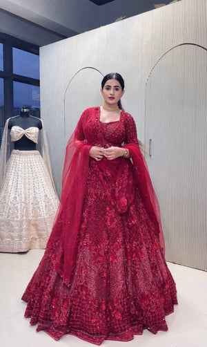 Red Sequin Net Lehenga with Pearl Work
