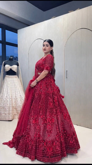 Red Sequin Net Lehenga with Pearl Work