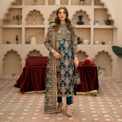 Embroidered Faux Georgette Suit Set with Dupatta