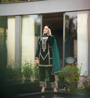 Embroidered Viscose Velvet Suit Set