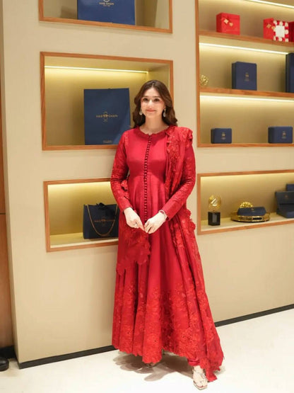 Red Tonal Embroidered Anarkali Suit Set
