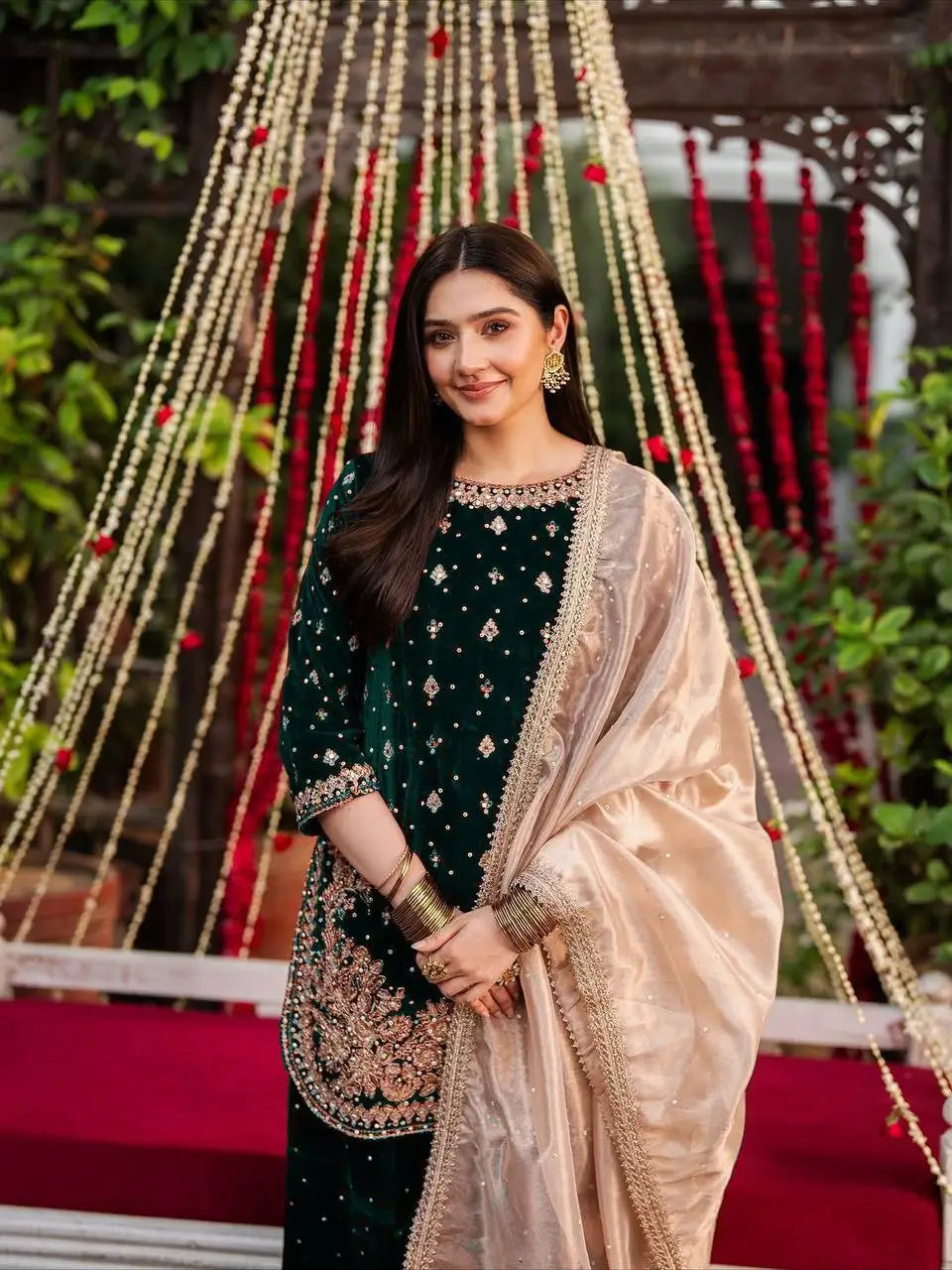 Embroidered Velvet Palazzo Suit Set