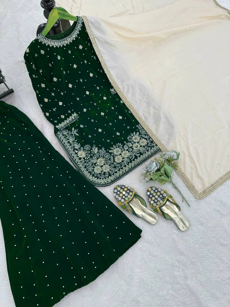 Embroidered Velvet Palazzo Suit Set