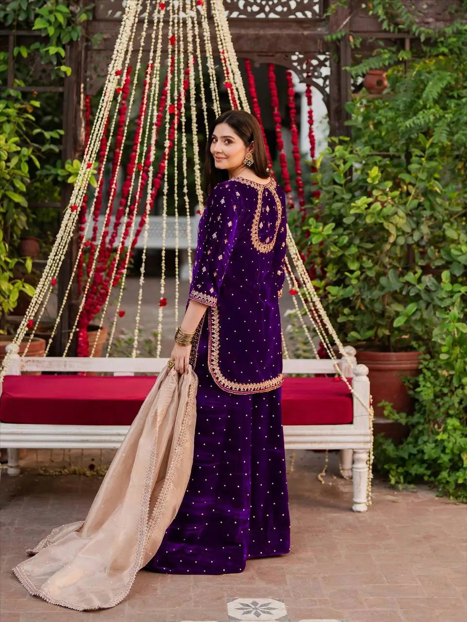 Embroidered Velvet Palazzo Suit Set