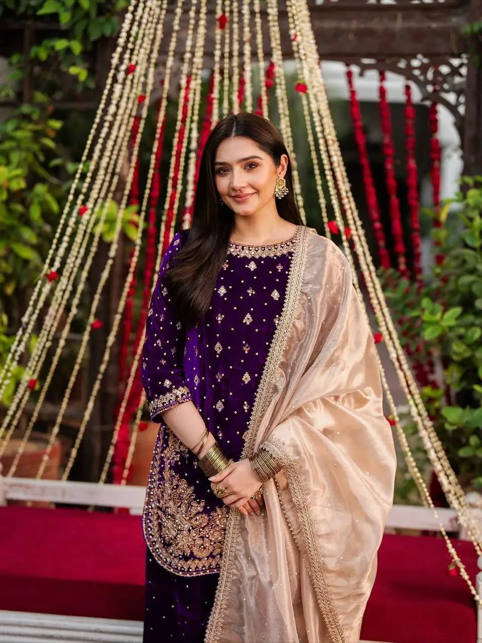 Embroidered Velvet Palazzo Suit Set