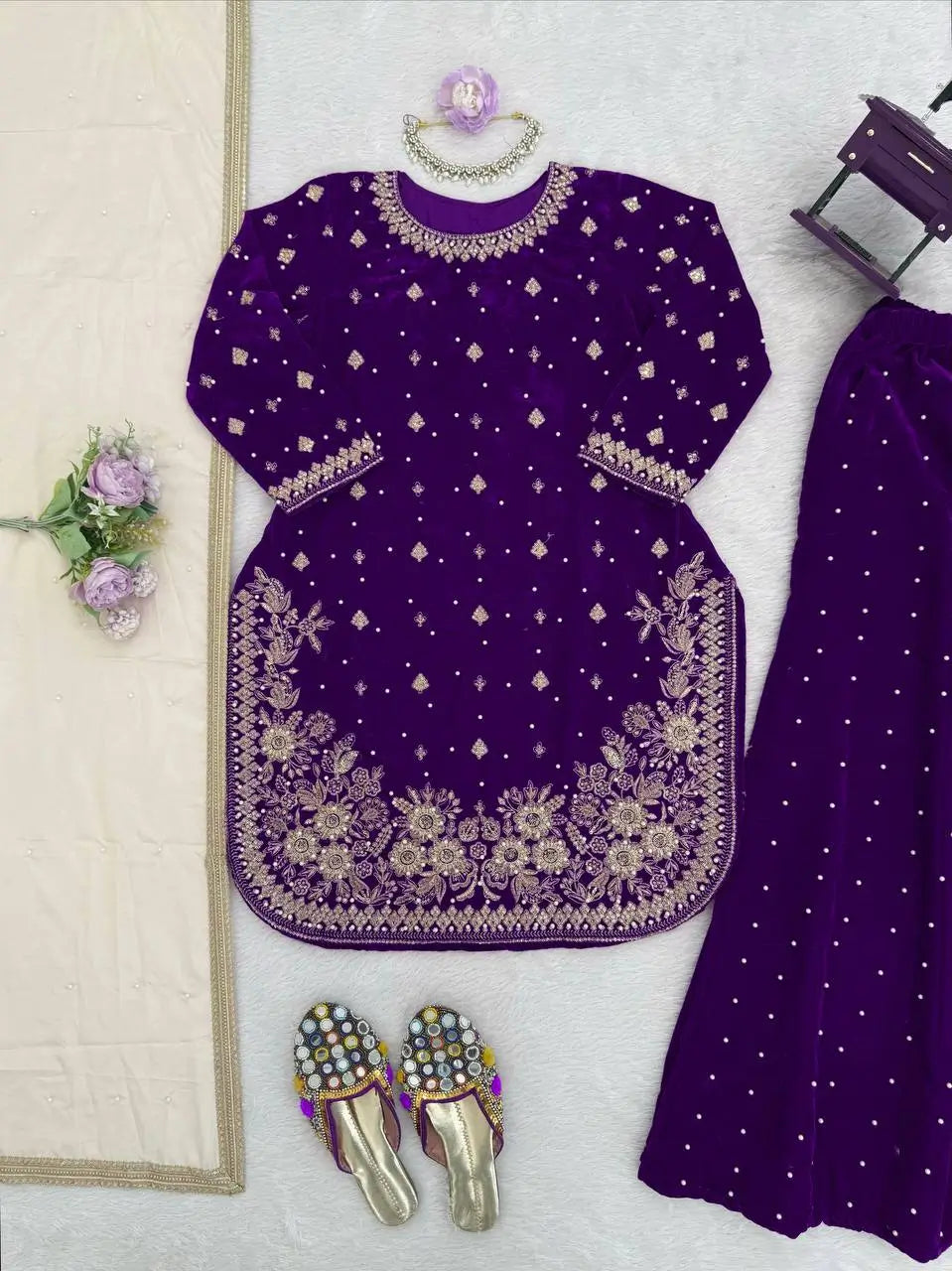 Embroidered Velvet Palazzo Suit Set