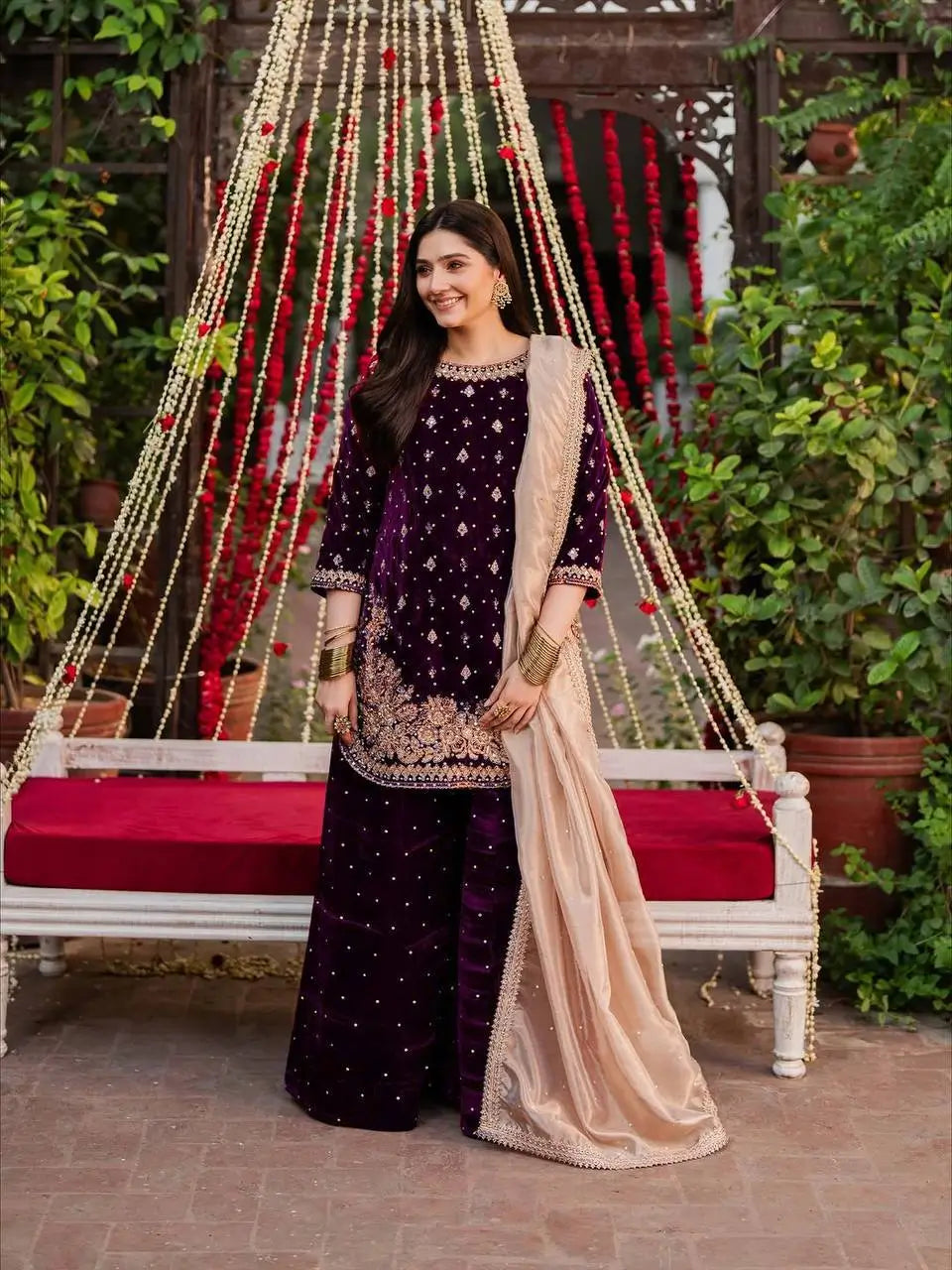 Embroidered Velvet Palazzo Suit Set