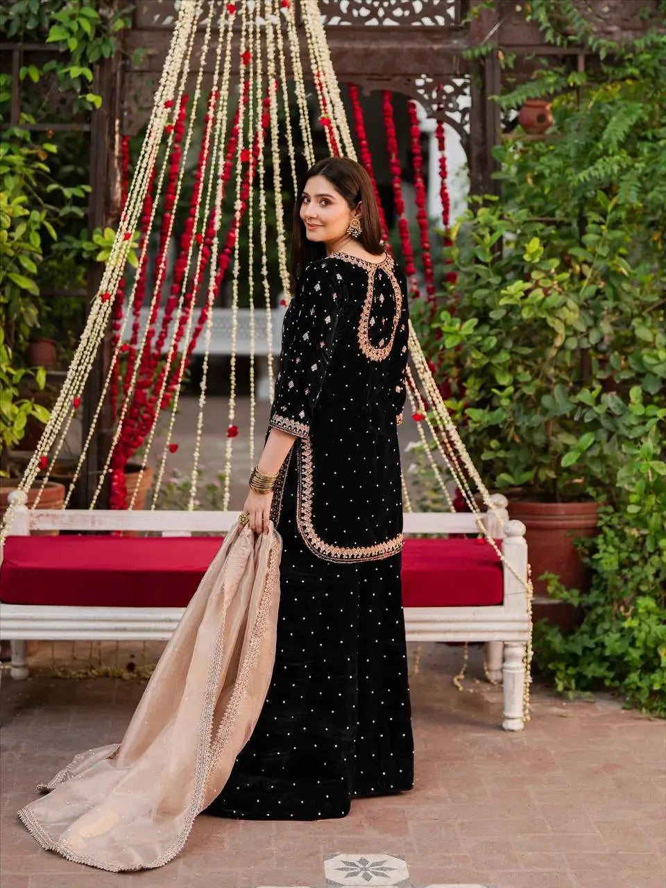 Embroidered Velvet Palazzo Suit Set