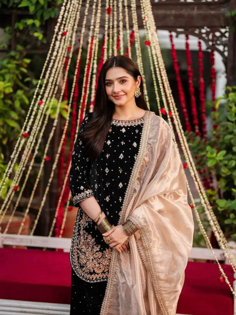 Embroidered Velvet Palazzo Suit Set